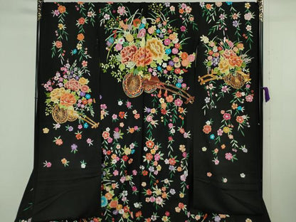 平和屋本店●極上 相良刺繍 総刺繍 お引きずり・引き振袖 結婚式 舞妓 芸妓 芸者 衣装 駒刺繍 花車 黒地 仮絵羽 逸品　未使用　DZAB8185kh6