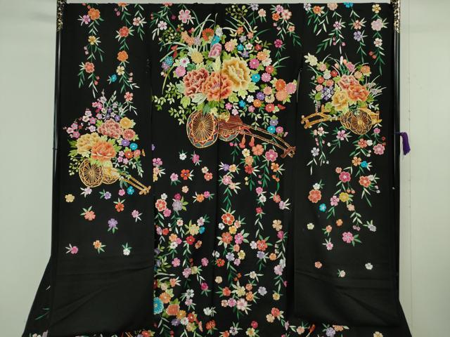 平和屋本店●極上 相良刺繍 総刺繍 お引きずり・引き振袖 結婚式 舞妓 芸妓 芸者 衣装 駒刺繍 花車 黒地 仮絵羽 逸品　未使用　DZAB8185kh6