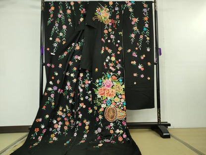 平和屋本店●極上 相良刺繍 総刺繍 お引きずり・引き振袖 結婚式 舞妓 芸妓 芸者 衣装 駒刺繍 花車 黒地 仮絵羽 逸品　未使用　DZAB8185kh6