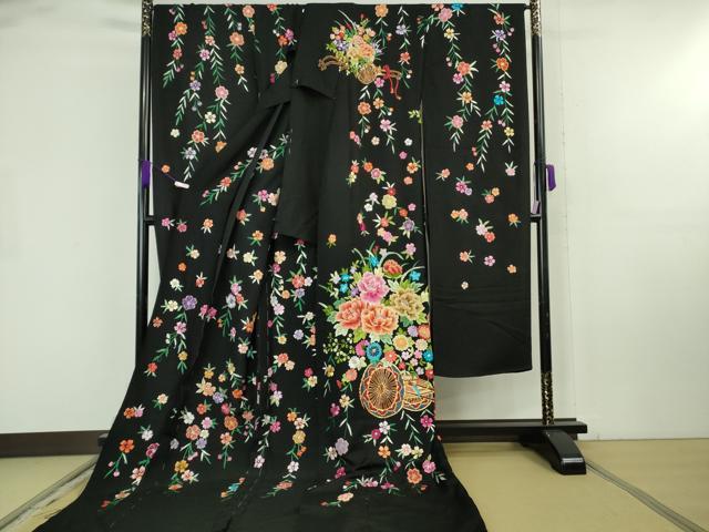 平和屋本店●極上 相良刺繍 総刺繍 お引きずり・引き振袖 結婚式 舞妓 芸妓 芸者 衣装 駒刺繍 花車 黒地 仮絵羽 逸品　未使用　DZAB8185kh6