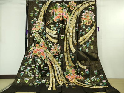 平和屋本店●極上 相良刺繍 総刺繍 お引きずり・引き振袖 結婚式 舞妓 芸妓 駒刺繍 花車 黒地 銀通し地 仮絵羽 逸品 未使用 DZAB8186kh6