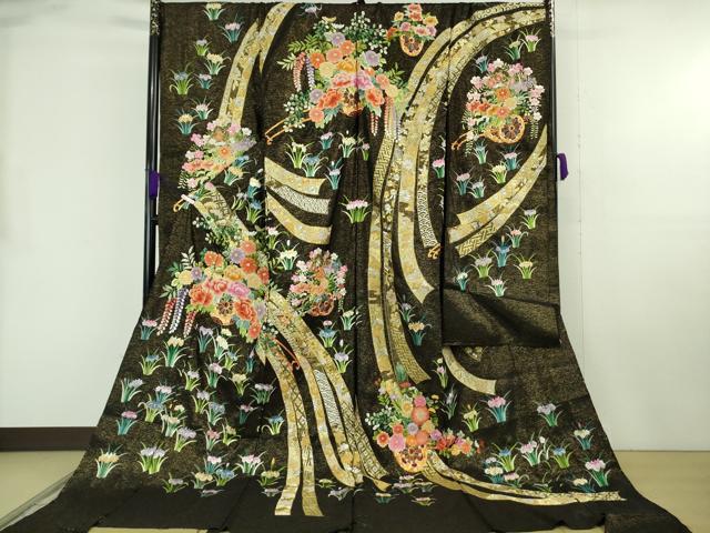 平和屋本店●極上 相良刺繍 総刺繍 お引きずり・引き振袖 結婚式 舞妓 芸妓 駒刺繍 花車 黒地 銀通し地 仮絵羽 逸品 未使用 DZAB8186kh6