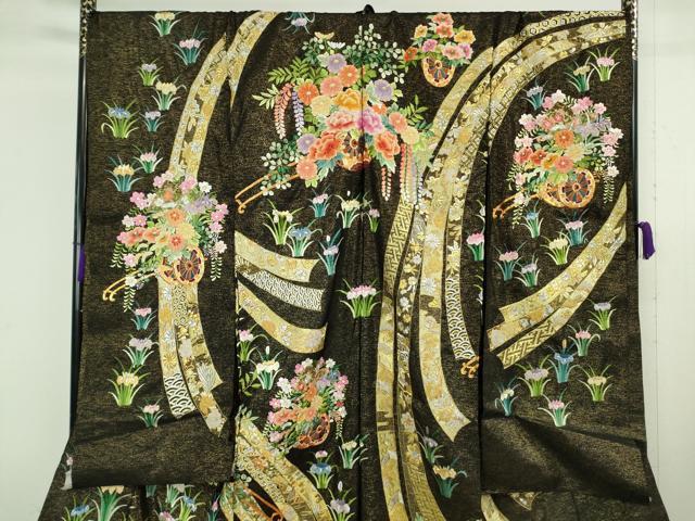 平和屋本店●極上 相良刺繍 総刺繍 お引きずり・引き振袖 結婚式 舞妓 芸妓 駒刺繍 花車 黒地 銀通し地 仮絵羽 逸品 未使用 DZAB8186kh6