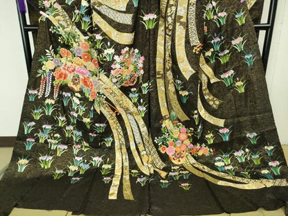 平和屋本店●極上 相良刺繍 総刺繍 お引きずり・引き振袖 結婚式 舞妓 芸妓 駒刺繍 花車 黒地 銀通し地 仮絵羽 逸品 未使用 DZAB8186kh6
