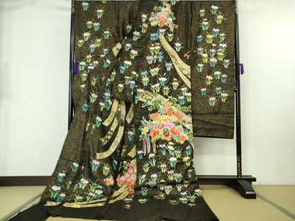 平和屋本店●極上 相良刺繍 総刺繍 お引きずり・引き振袖 結婚式 舞妓 芸妓 駒刺繍 花車 黒地 銀通し地 仮絵羽 逸品 未使用 DZAB8186kh6