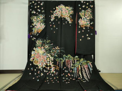 平和屋本店●極上 相良刺繍 総刺繍 お引きずり・引き振袖 結婚式 舞妓 芸妓 衣装 花車 松藤花房 黒地 金糸 仮絵羽 逸品 未使用 DZAB8188kh6