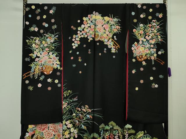 平和屋本店●極上 相良刺繍 総刺繍 お引きずり・引き振袖 結婚式 舞妓 芸妓 衣装 花車 松藤花房 黒地 金糸 仮絵羽 逸品 未使用 DZAB8188kh6