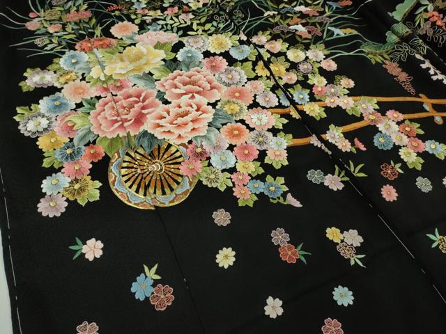 平和屋本店●極上 相良刺繍 総刺繍 お引きずり・引き振袖 結婚式 舞妓 芸妓 衣装 花車 松藤花房 黒地 金糸 仮絵羽 逸品 未使用 DZAB8188kh6
