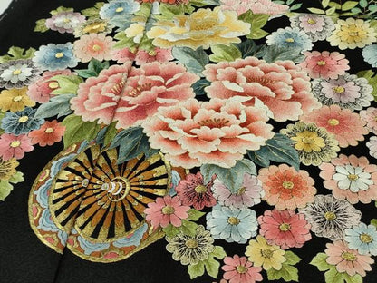 平和屋本店●極上 相良刺繍 総刺繍 お引きずり・引き振袖 結婚式 舞妓 芸妓 衣装 花車 松藤花房 黒地 金糸 仮絵羽 逸品 未使用 DZAB8188kh6
