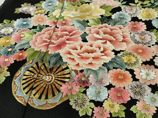 平和屋本店●極上 相良刺繍 総刺繍 お引きずり・引き振袖 結婚式 舞妓 芸妓 衣装 花車 松藤花房 黒地 金糸 仮絵羽 逸品 未使用 DZAB8188kh6