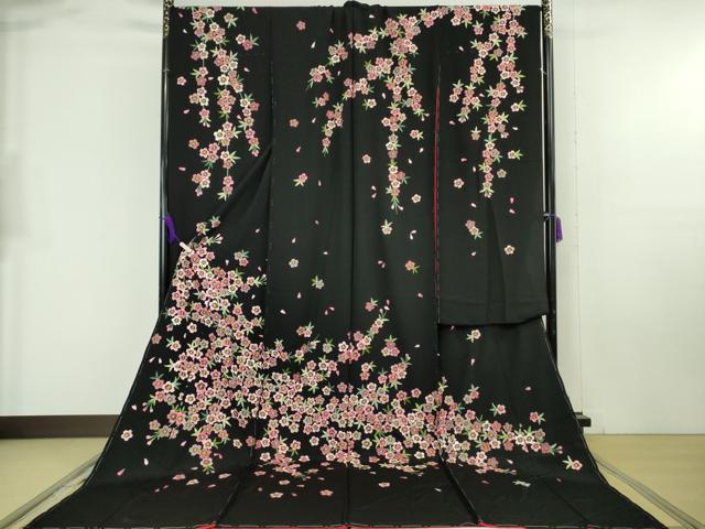 平和屋本店●極上 お引きずり・お引き摺り・引き振袖 結婚式 舞妓 芸妓 衣装 総刺繍 枝垂れ桜 黒地 金糸 仮絵羽 逸品 未使用 DZAB8189kh6