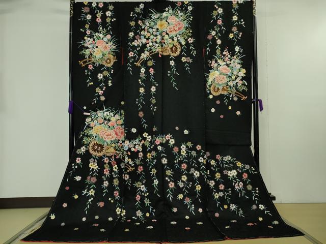 平和屋本店●極上 相良刺繍 総刺繍 お引きずり・引き振袖 結婚式 舞妓 芸妓 衣装 花車 枝垂れ桜 黒地 金糸 仮絵羽 逸品 未使用 DZAB8190kh6