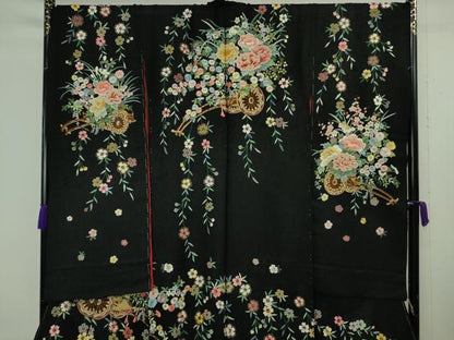 平和屋本店●極上 相良刺繍 総刺繍 お引きずり・引き振袖 結婚式 舞妓 芸妓 衣装 花車 枝垂れ桜 黒地 金糸 仮絵羽 逸品 未使用 DZAB8190kh6