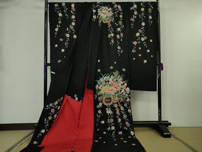 平和屋本店●極上 相良刺繍 総刺繍 お引きずり・引き振袖 結婚式 舞妓 芸妓 衣装 花車 枝垂れ桜 黒地 金糸 仮絵羽 逸品 未使用 DZAB8190kh6