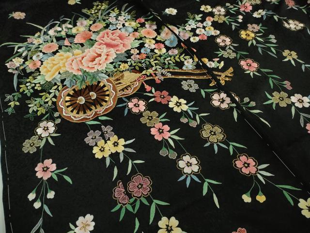 平和屋本店●極上 相良刺繍 総刺繍 お引きずり・引き振袖 結婚式 舞妓 芸妓 衣装 花車 枝垂れ桜 黒地 金糸 仮絵羽 逸品 未使用 DZAB8190kh6
