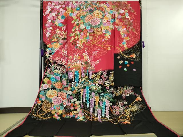 平和屋本店●極上 相良刺繍 総刺繍 お引きずり・引き振袖 結婚式 舞妓 芸妓 衣装 駒刺繍 花車 暈し染 金糸 仮絵羽 逸品 未使用 DZAB8191kh6