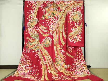 平和屋本店●極上 相良刺繍 総刺繍 お引きずり・引き振袖 和装 結婚式 舞妓 芸妓 衣装 駒刺繍 花車 金銀糸 仮絵羽 逸品 未使用 DZAB8195kh6