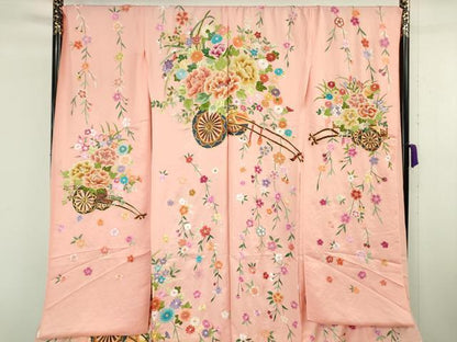 平和屋本店●極上 相良刺繍 総刺繍 お引きずり・引き振袖 和装 結婚式 舞妓 芸妓 衣装 駒刺繍 花車 金糸 仮絵羽 逸品 未使用DZAB8199kh6