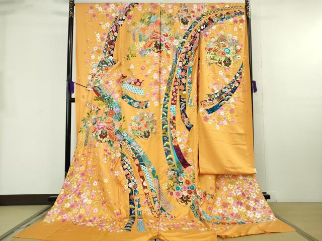 平和屋本店●極上 相良刺繍 総刺繍 お引きずり・引き振袖 和装 結婚式 舞妓 芸妓 衣装 駒刺繍 花車 金糸 仮絵羽 逸品 未使用DZAB8200kh6