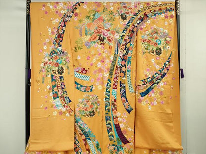 平和屋本店●極上 相良刺繍 総刺繍 お引きずり・引き振袖 和装 結婚式 舞妓 芸妓 衣装 駒刺繍 花車 金糸 仮絵羽 逸品 未使用DZAB8200kh6
