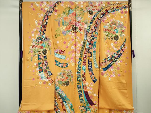 平和屋本店●極上 相良刺繍 総刺繍 お引きずり・引き振袖 和装 結婚式 舞妓 芸妓 衣装 駒刺繍 花車 金糸 仮絵羽 逸品 未使用DZAB8200kh6