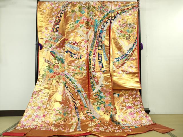 平和屋本店●極上　相良刺繍 総刺繍 色打掛 和装 婚礼 結婚式 花嫁 神社挙式 駒刺繍 花車 蔓帯飛鶴文 金糸 仮絵羽 逸品 未使用 DZAB8202kh6