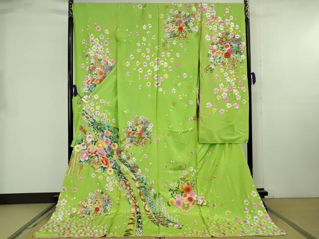 平和屋本店●極上 相良刺繍 総刺繍 お引きずり・引き振袖 和装 結婚式 舞妓 芸妓 衣装 花車 鬘帯 舞桜 金糸 仮絵羽 逸品 未使用DZAB8204kh6