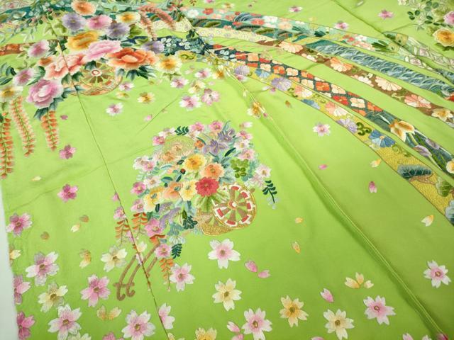 平和屋本店●極上 相良刺繍 総刺繍 お引きずり・引き振袖 和装 結婚式 舞妓 芸妓 衣装 花車 鬘帯 舞桜 金糸 仮絵羽 逸品 未使用DZAB8204kh6