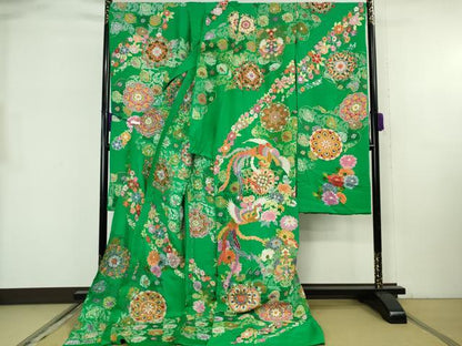平和屋本店●極上 相良刺繍 総刺繍 お引きずり・引振袖 和装 結婚式 舞妓 芸妓 衣装 駒刺繍 鳳凰花文 金糸 仮絵羽 逸品 未使用DZAB8205kh6