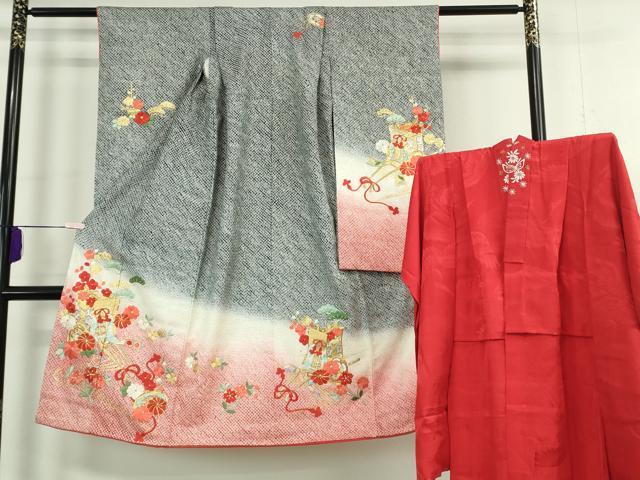 平和屋本店[]極上　七五三　女の子 7歳 祝着・襦袢(袷・半衿刺繍)セット　駒刺繍　総絞り　御所車花文　暈し染め　金彩　逸品　DZAB8209kh6