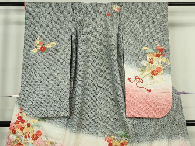 平和屋本店[]極上　七五三　女の子 7歳 祝着・襦袢(袷・半衿刺繍)セット　駒刺繍　総絞り　御所車花文　暈し染め　金彩　逸品　DZAB8209kh6