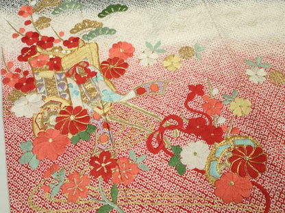 平和屋本店[]極上　七五三　女の子 7歳 祝着・襦袢(袷・半衿刺繍)セット　駒刺繍　総絞り　御所車花文　暈し染め　金彩　逸品　DZAB8209kh6