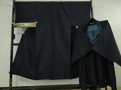 平和屋着物●極上　男性　本場結城紬　重要無形文化財　アンサンブル　長羽織　杢　濃藍色　証紙付き　逸品　DZAB8212kh6
