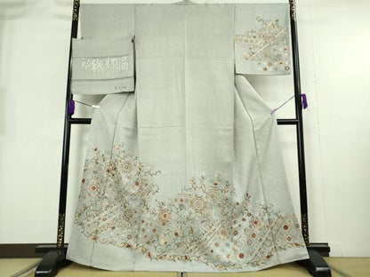 平和屋本店●極上　山岡古都・古都染人 染織美術品 薬墨染 天目織 訪問着 お召　スワトウ刺繍　総刺繍　金糸　反端付き　逸品　DZAB8220kh6