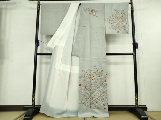 平和屋本店●極上　山岡古都・古都染人 染織美術品 薬墨染 天目織 訪問着 お召　スワトウ刺繍　総刺繍　金糸　反端付き　逸品　DZAB8220kh6