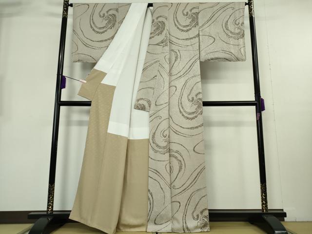 平和屋本店●希少　ジュディ・オング　小紋　龍流水　木版画　練色地　逸品　未使用　DZAB8222kh6