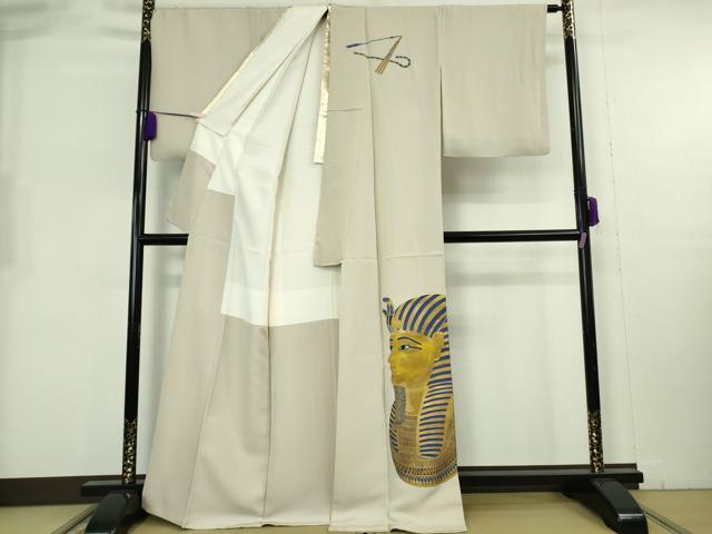 平和屋本店●希少　訪問着　手描き　ツタンカーメン　練色地　金彩　逸品　DZAB8224kh6
