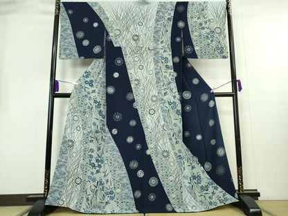 平和屋本店●極上　訪問着　本藍　型染　花鳥文　鬼しぼ縮緬　逸品　DZAB8227kh6