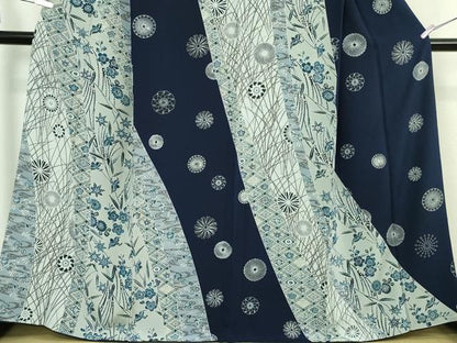 平和屋本店●極上　訪問着　本藍　型染　花鳥文　鬼しぼ縮緬　逸品　DZAB8227kh6