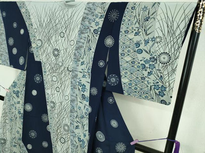 平和屋本店●極上　訪問着　本藍　型染　花鳥文　鬼しぼ縮緬　逸品　DZAB8227kh6