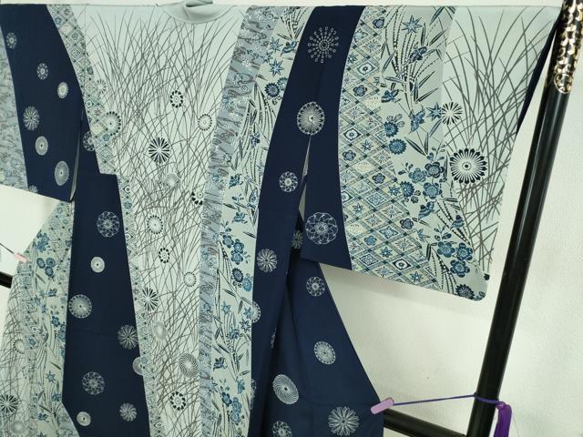 平和屋本店●極上　訪問着　本藍　型染　花鳥文　鬼しぼ縮緬　逸品　DZAB8227kh6