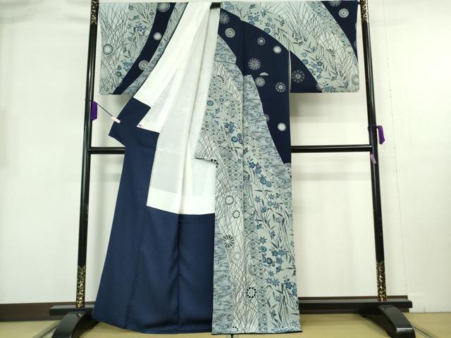 平和屋本店●極上　訪問着　本藍　型染　花鳥文　鬼しぼ縮緬　逸品　DZAB8227kh6