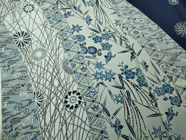 平和屋本店●極上　訪問着　本藍　型染　花鳥文　鬼しぼ縮緬　逸品　DZAB8227kh6