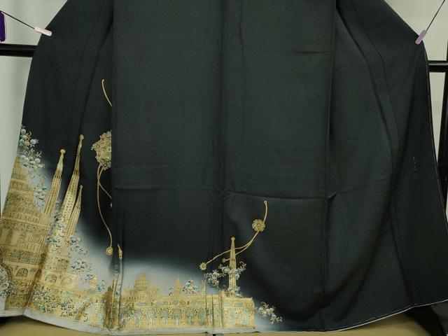 平和屋本店●極上　螺鈿作家　甲斐泰造　訪問着　螺鈿　パール　宮殿　暈し染め　黒地　金彩　銀通し地　逸品　未使用　DZAB8230kh6