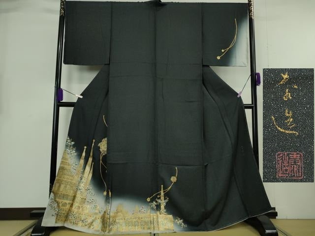 平和屋本店●極上　螺鈿作家　甲斐泰造　訪問着　螺鈿　パール　宮殿　暈し染め　黒地　金彩　銀通し地　逸品　未使用　DZAB8230kh6