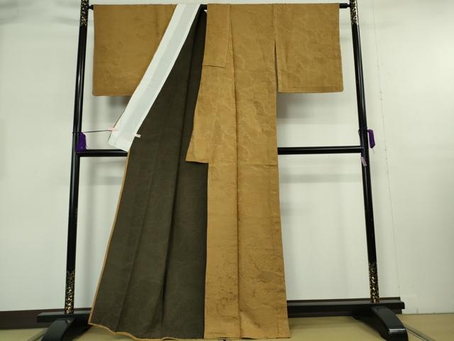 平和屋着物▽極上 山岡古都・古都染人 染織美術品 薬墨染 天目織 お召 単衣 竹炭　吉祥花地紋　ほていや扱い　反端付き　逸品　DZAB8231kh6