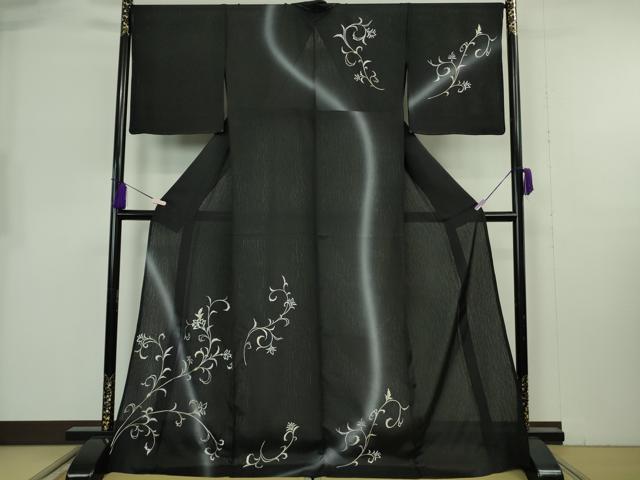 平和屋本店＊極上　夏物　訪問着　刺繍　雨縞紋紗　花唐草文　暈し染め　黒地　銀糸　ロング丈　逸品　未使用　DZAB8233kh6