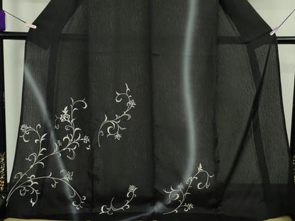 平和屋本店＊極上　夏物　訪問着　刺繍　雨縞紋紗　花唐草文　暈し染め　黒地　銀糸　ロング丈　逸品　未使用　DZAB8233kh6