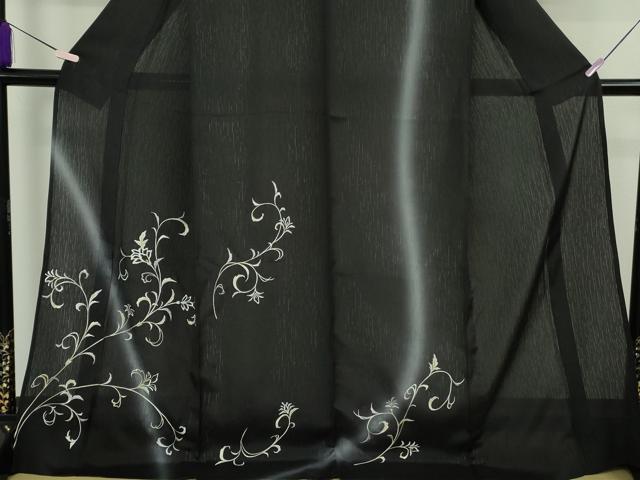 平和屋本店＊極上　夏物　訪問着　刺繍　雨縞紋紗　花唐草文　暈し染め　黒地　銀糸　ロング丈　逸品　未使用　DZAB8233kh6