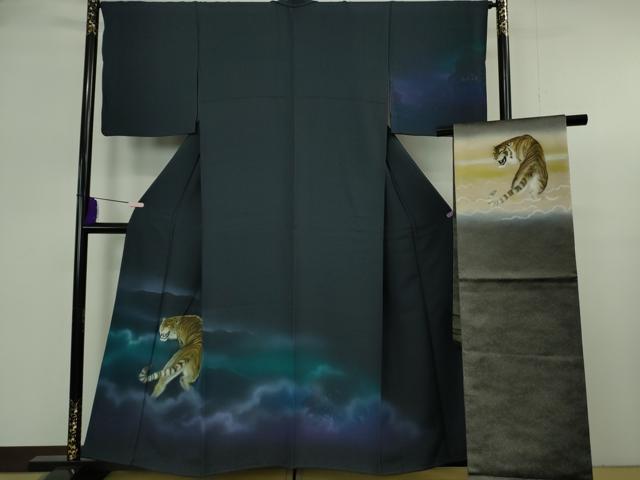 平和屋本店●極上　訪問着・袋帯セット　手描き　虎　トラ　藍鉄色地　暈し染め　逸品　DZAB8235kh6